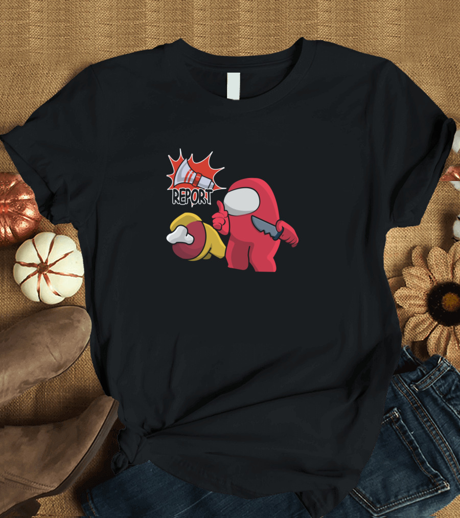 Red Crewmate Holding Knife with Report Text from Among Us Game T-Shirt