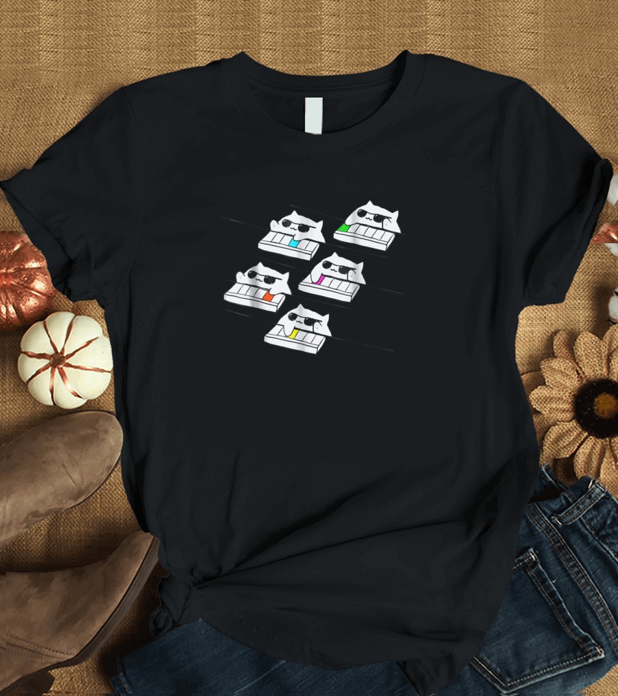 Bongo Cat Playing Keyboard with Sunglasses and Colorful Keys T-Shirt