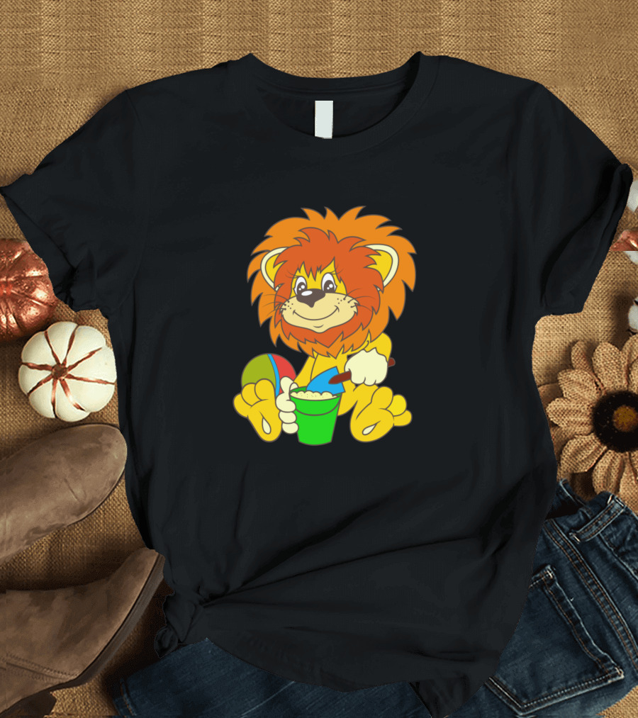 Cartoon Lion Beach Fun with Sand Bucket and Ball T-Shirt