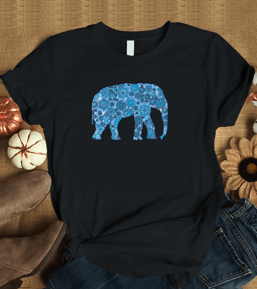 Elephant Covered in Blue Snowflakes and Floral T-Shirt