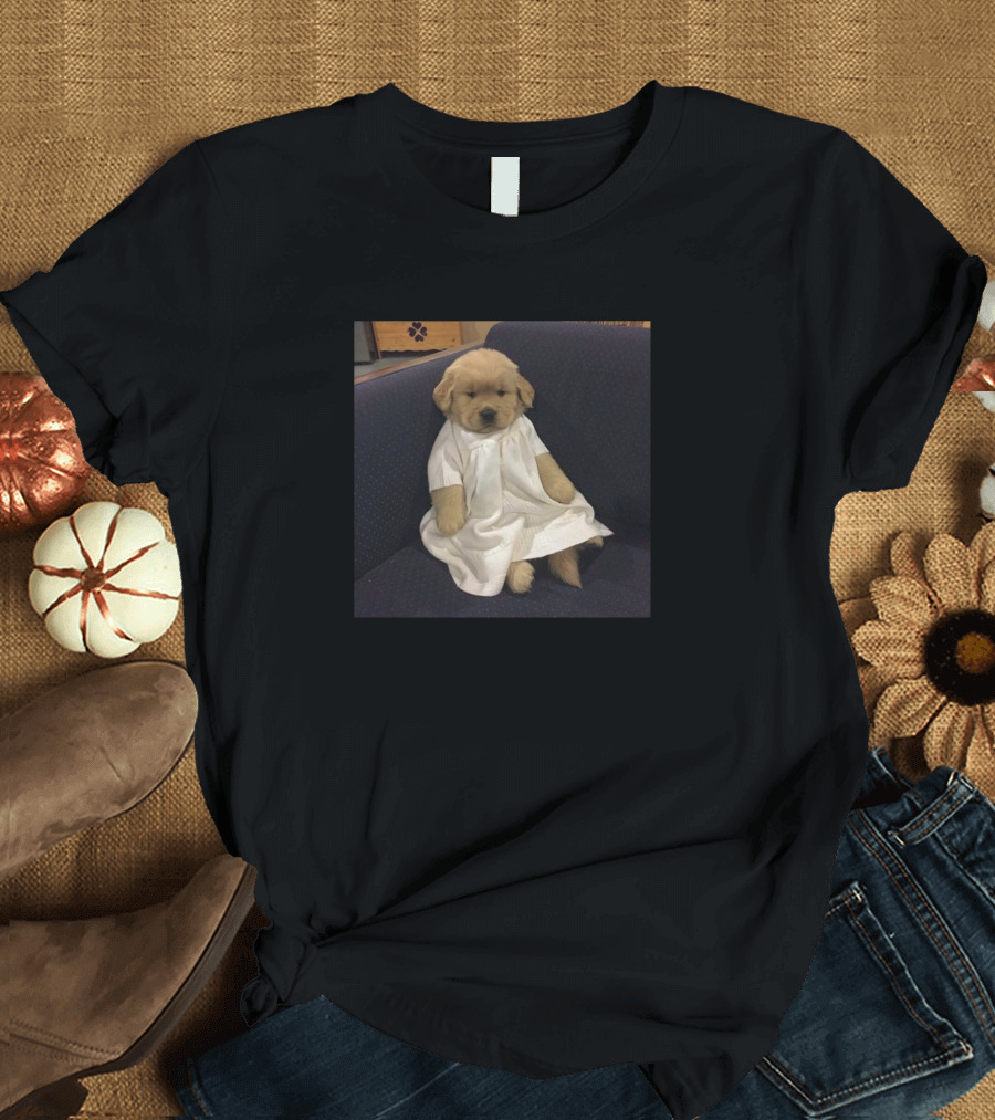 Golden Retriever Puppy Wearing White Dress on Couch T-Shirt