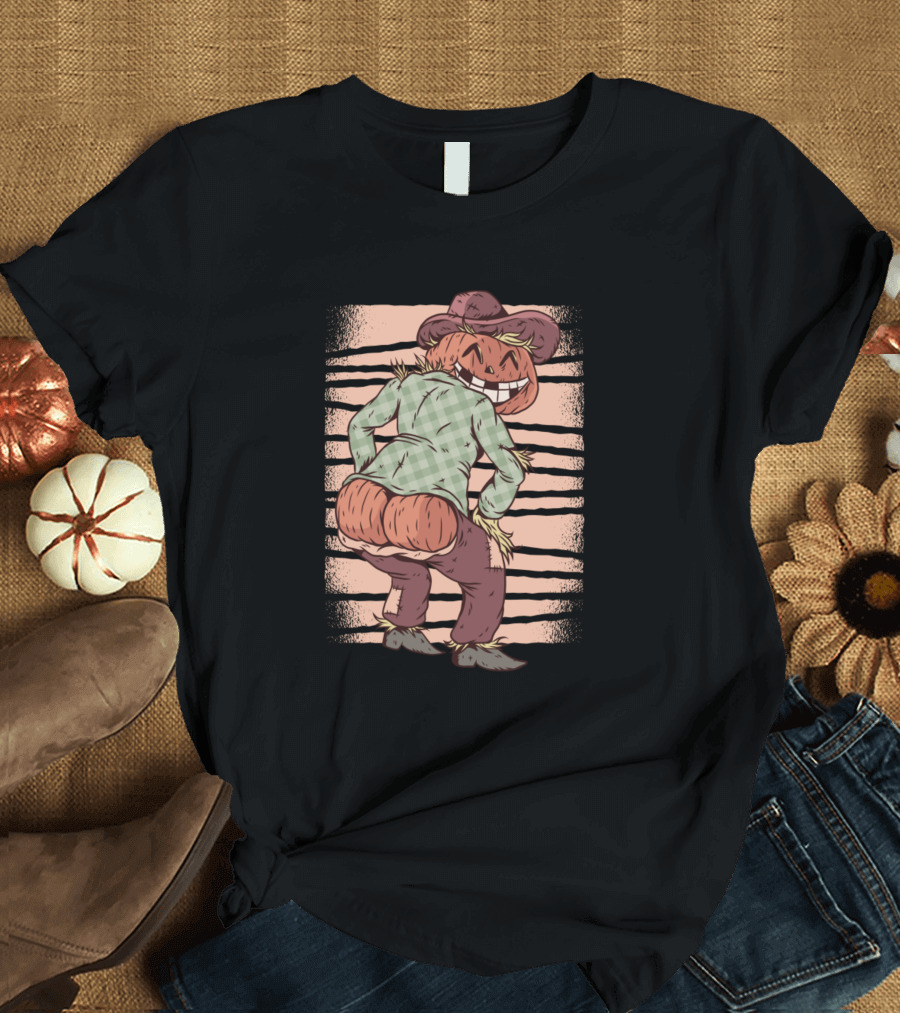 Halloween Pumpkin Scarecrow Mischievous Grinning Character with Hat and Plaid T-Shirt