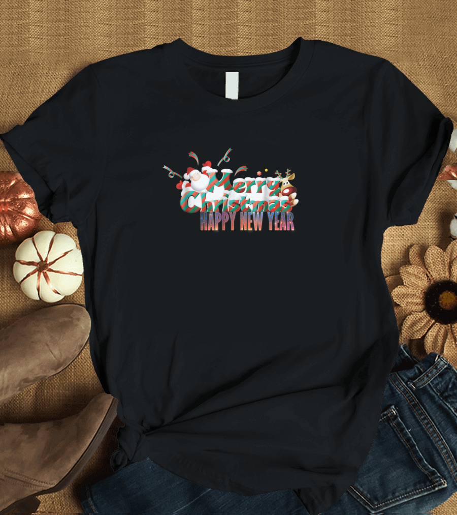 Merry Christmas Happy New Year Santa and Reindeer T-Shirt