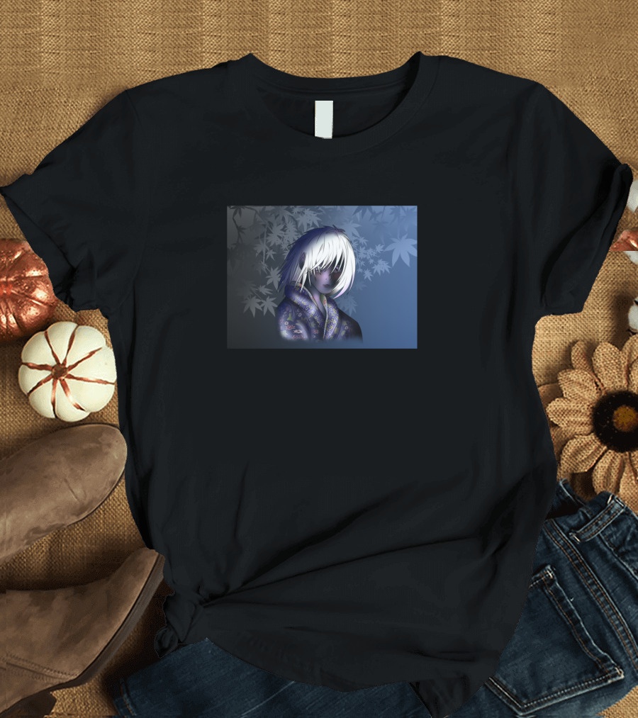 Young Dark Elf in Kimono with Maple Leaves for DnD and Manga Fans T-Shirt