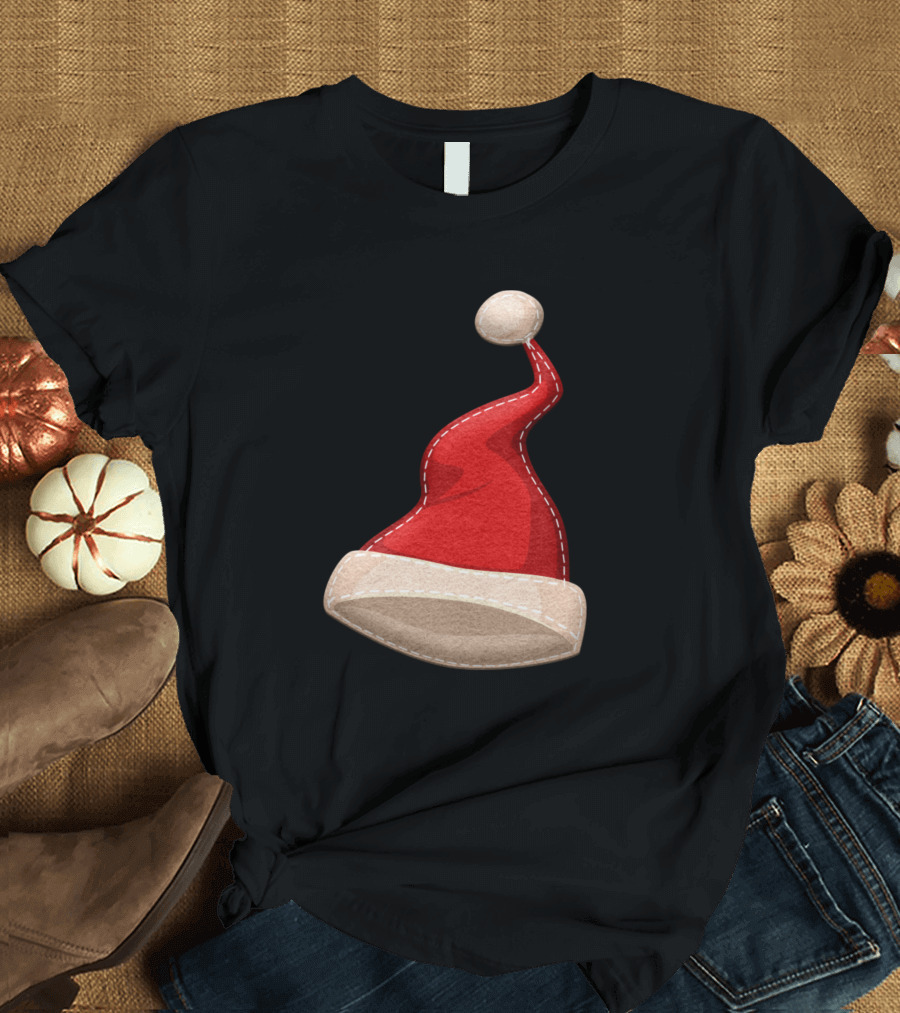 Santa Claus Hat Festive Holiday Red White Trim Stitched Details T-Shirt