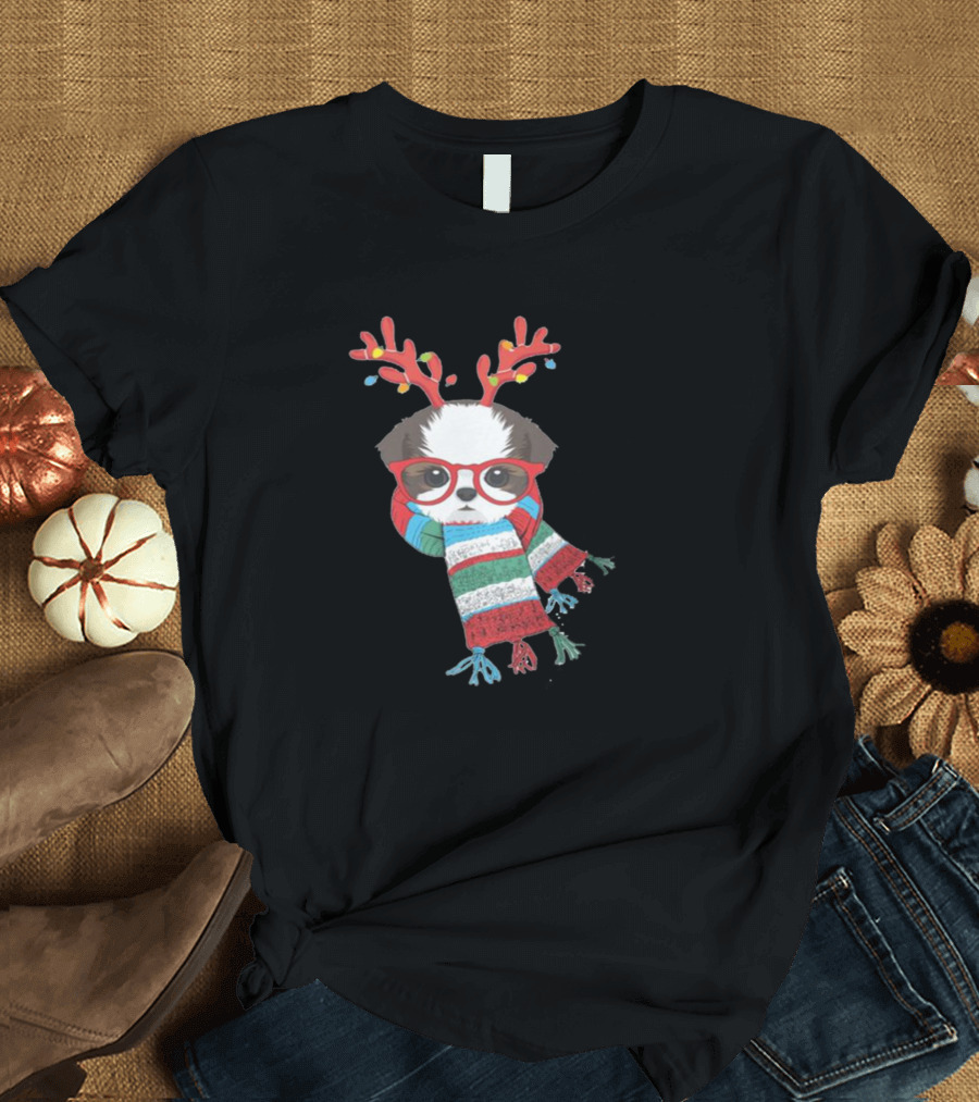 Shihtzu Dog Reindeer Antlers Scarf Christmas Holiday T-Shirt