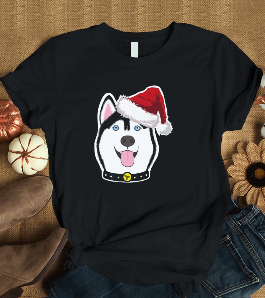Siberian Husky with Santa Hat and Festive Collar T-Shirt