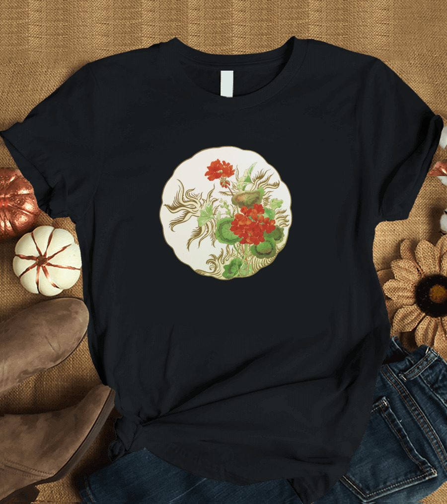 Vintage Floral Patterned Circle with Red Flowers and Greenery T-Shirt