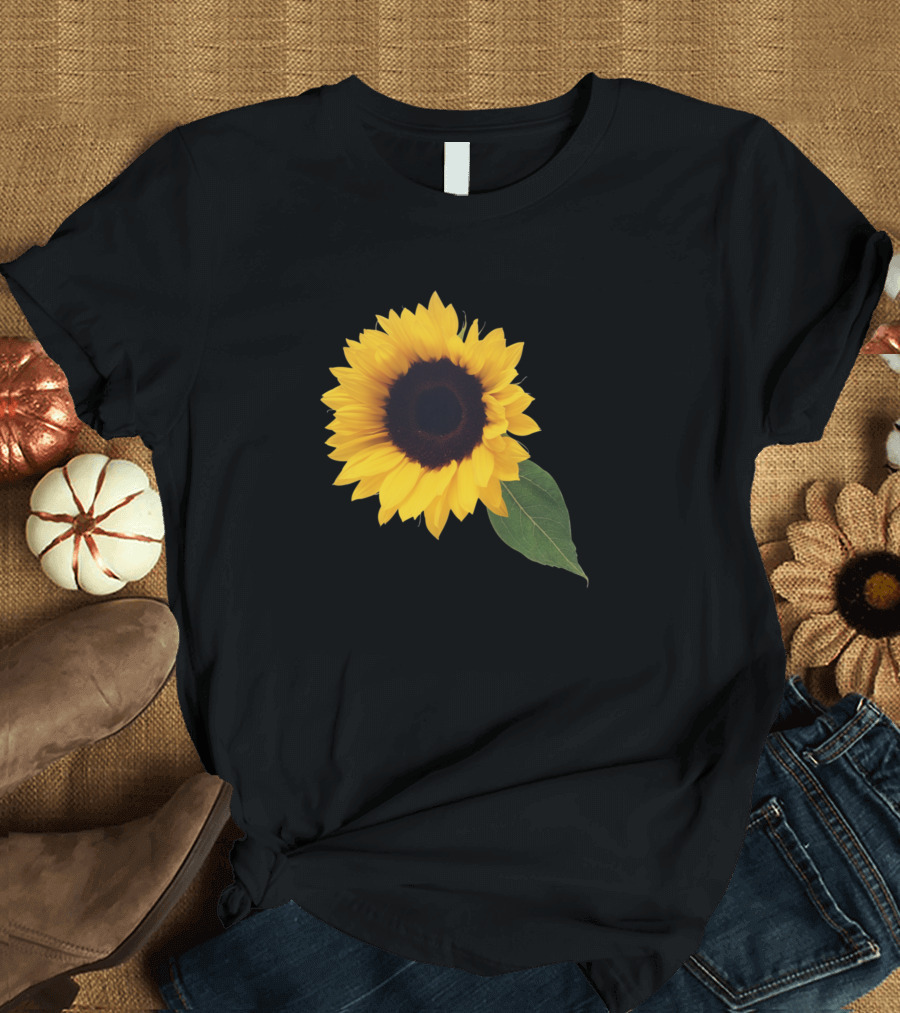 Yellow Sunflower Blossom with Green Leaf T-Shirt