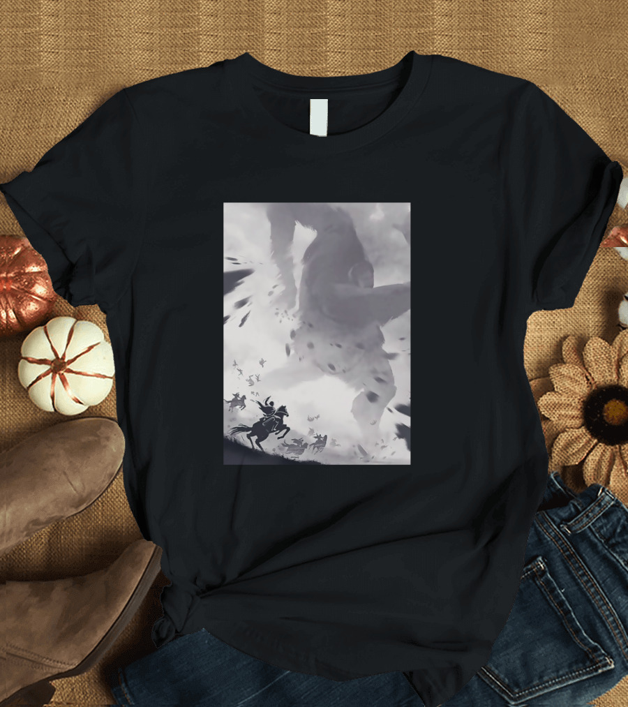 Against The Titan Battle Scene with Mounted Warriors and Giant Figure in Action T-Shirt