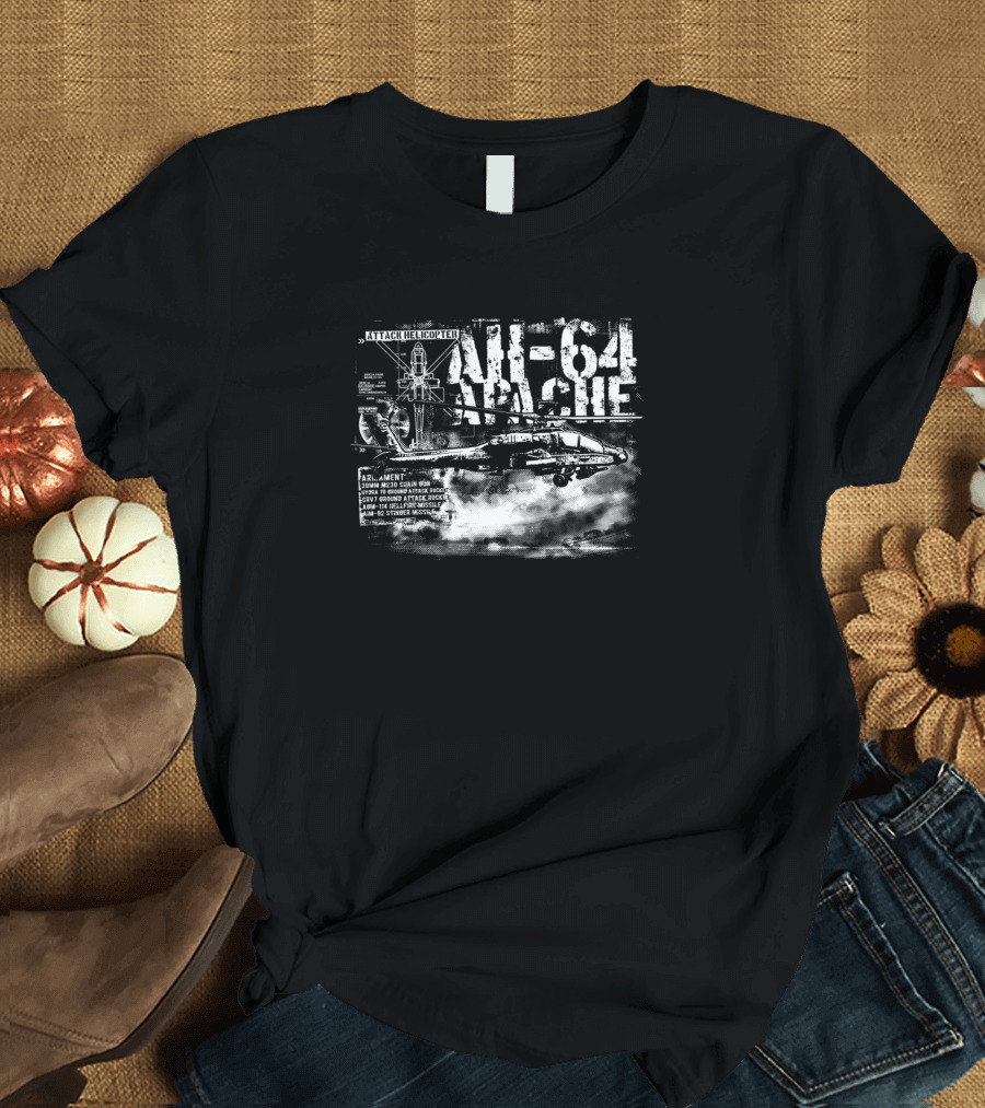 AH-64 Apache Attack Helicopter Blueprint Diagram with Armament Details T-Shirt