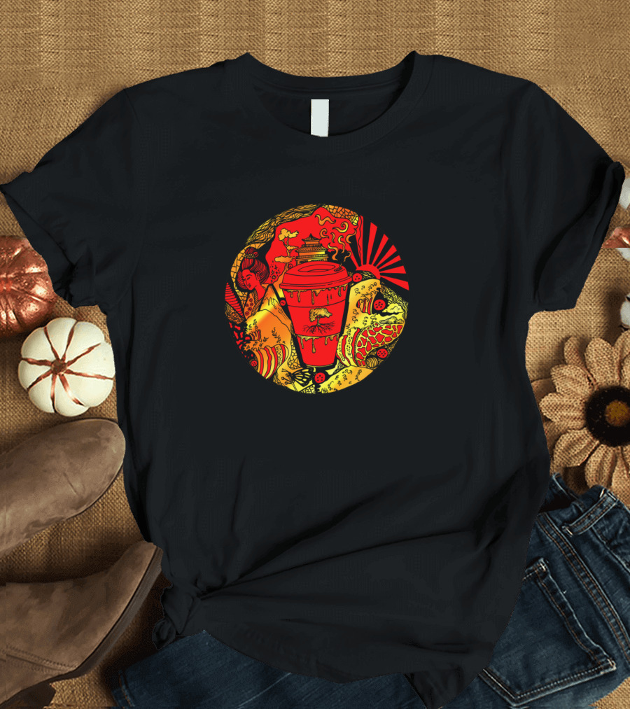 Gold and Red Coffee Japan Rising Sun Pagoda Scenery T-Shirt