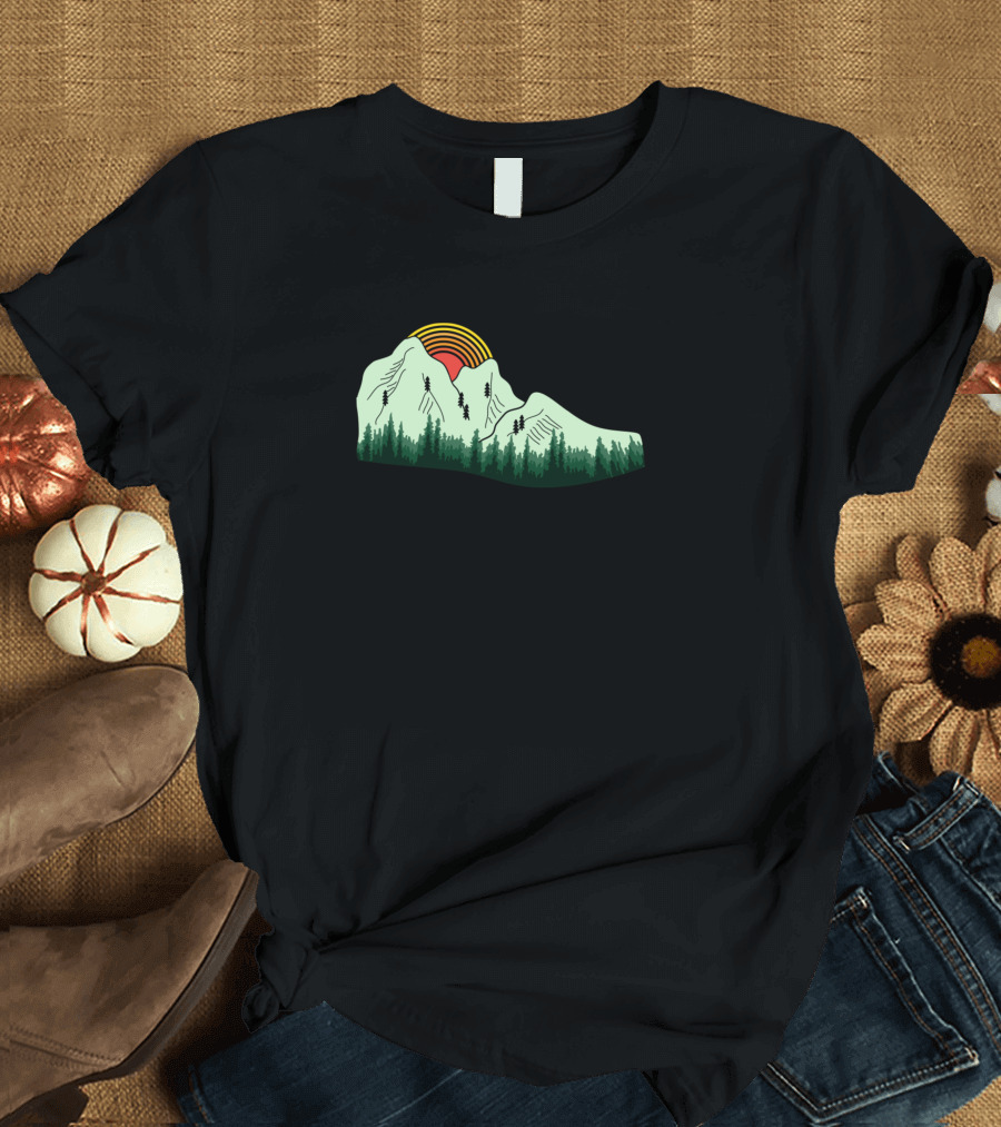 Mountain Boot Landscape with Forest and Sunset Scene T-Shirt