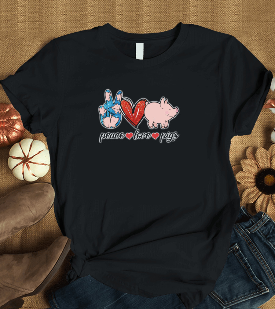 Peace Heart Pig with Hand Symbol and Glitter Accents T-Shirt