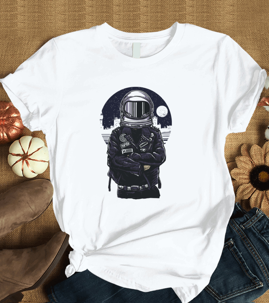 Rebel Astronaut Cosmonaut Spaceman Space Adventure with Moon Background T-Shirt