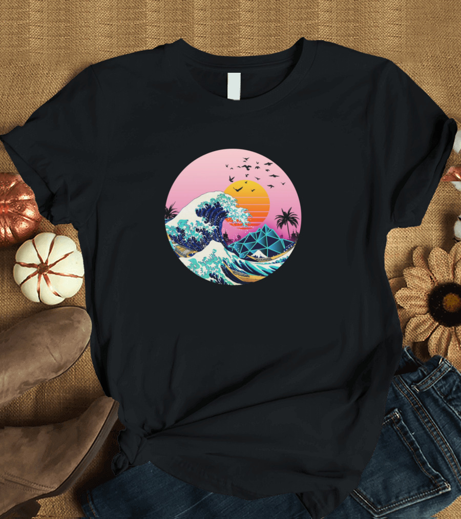 The Japanese Wave Sunset Palm Trees and Geometric Shapes T-Shirt