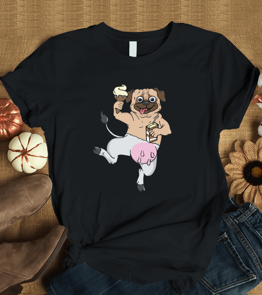 Half Dog Pug Half Cow Eating Ice Cream and Holding Milk T-Shirt