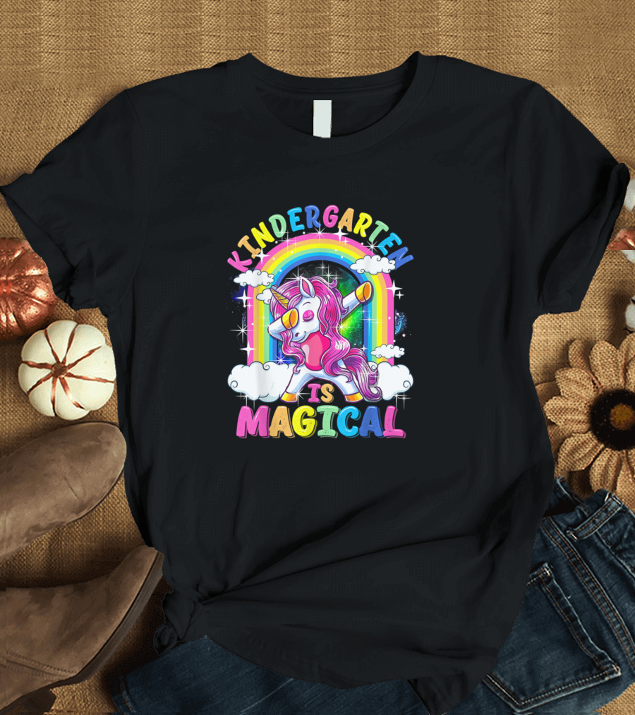 Kindergarten Is Magical Dabbing Unicorn Rainbow Clouds T-Shirt