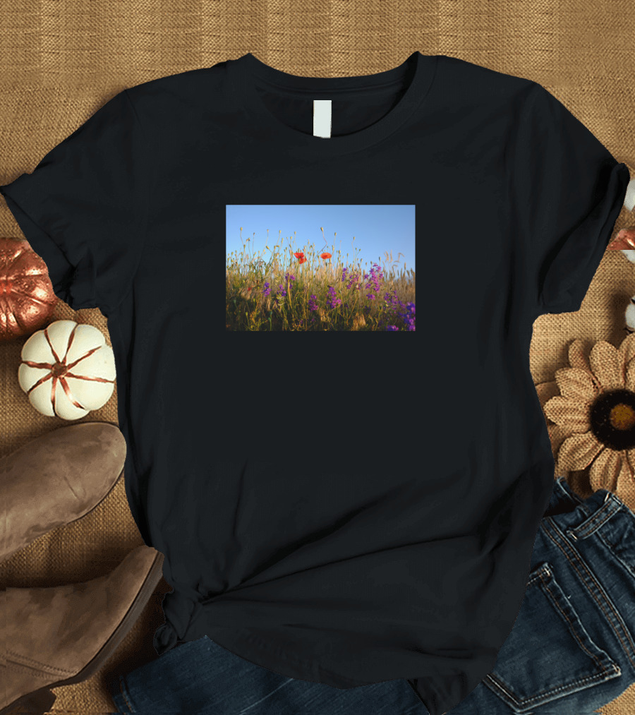 Nature Landscape Green Field Red and Purple Flowers T-Shirt