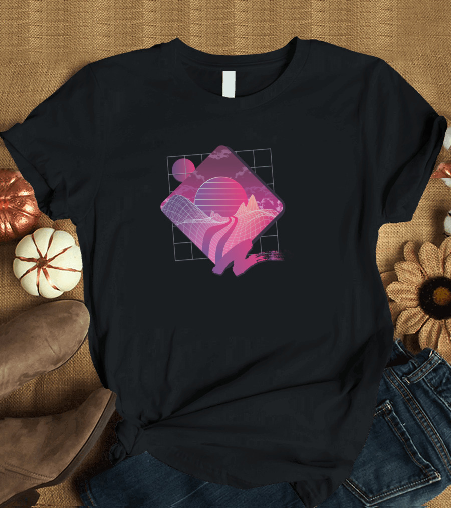 Retrowave Landscape Neon Grid Sunset with Mountains and Road T-Shirt