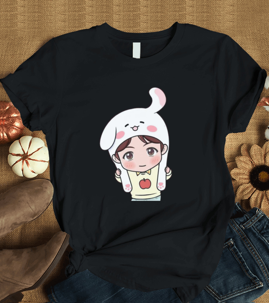 Suga BTS Cute Character with Bunny Hat and Apple T-Shirt