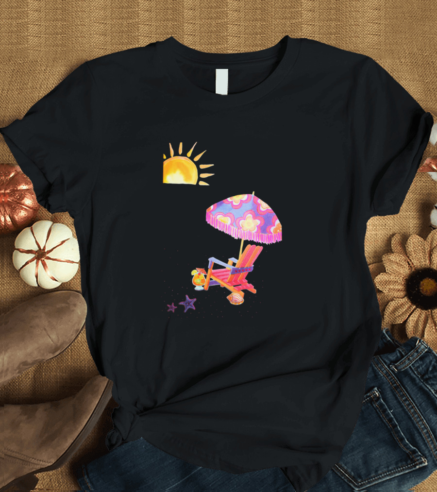 Time to Hit the Beach Sun Lounger with Colorful Beach Umbrella and Ocean Breeze T-Shirt