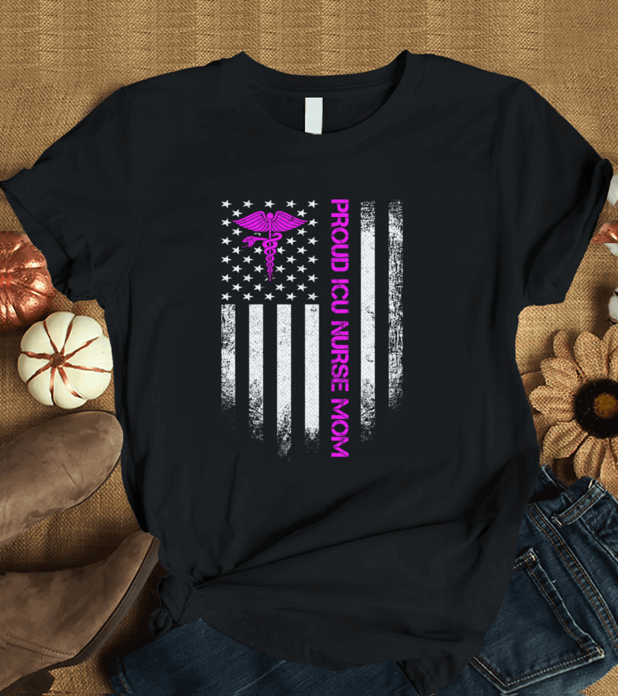 Vintage USA American Flag Proud ICU Nurse Mom Caduceus T-Shirt