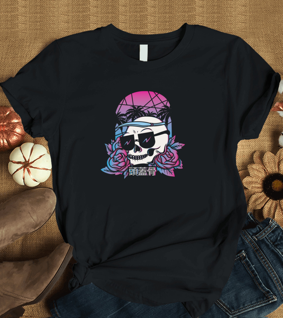 Aesthetic Synthwave Skull Sunglasses Roses Palm Trees Neon T-Shirt