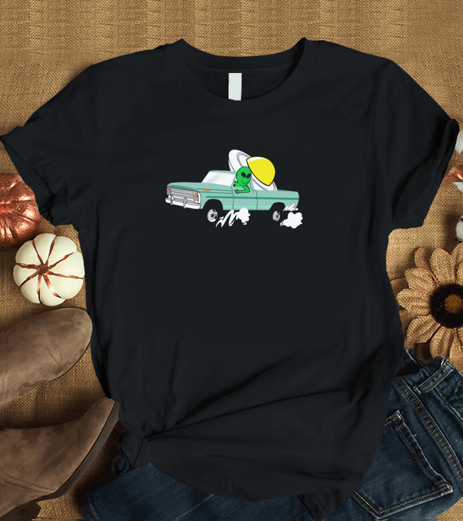 Green Alien Driving Classic Truck with Broken UFO Hat T-Shirt