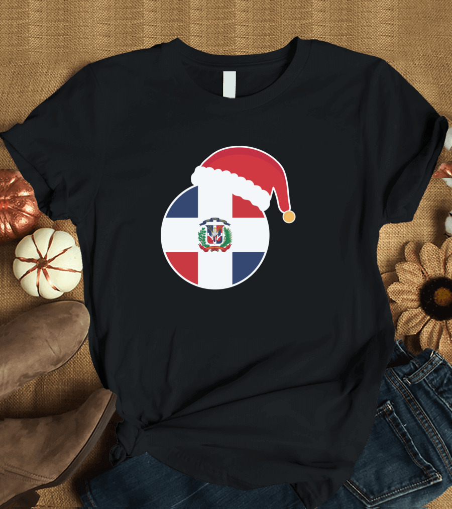 Christmas Santa Hat on Dominican Republic Flag Emblem T-Shirt