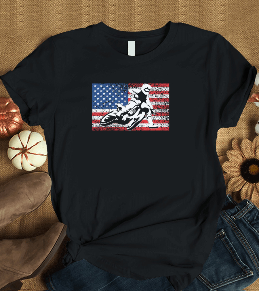 Funny Cool American Flat Track Motorcycle with Flag Background T-Shirt