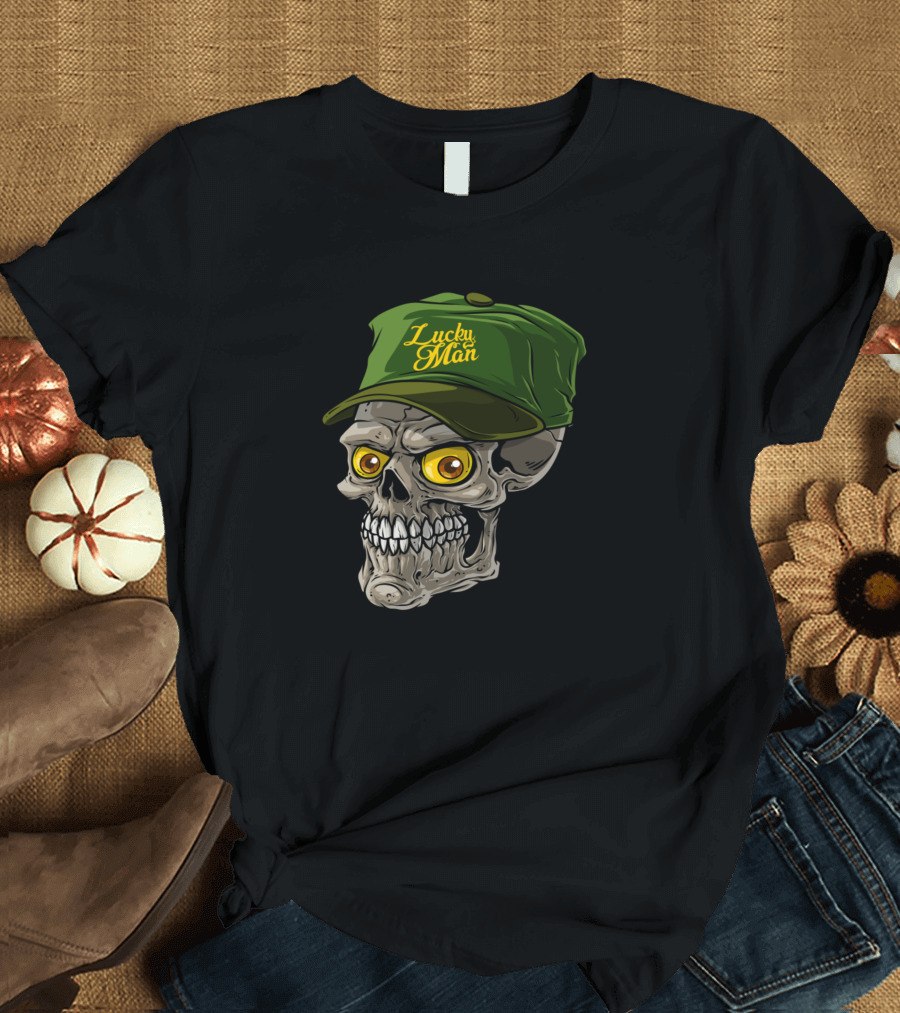 Lucky Man Skull With Green Cap and Funny Expression T-Shirt
