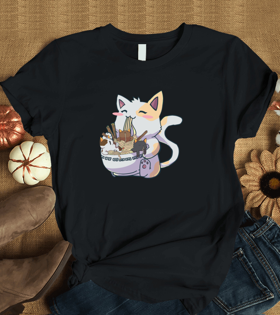Kawaii Neko Cat Enjoying Ramen Bowl Anime Japanese T-Shirt