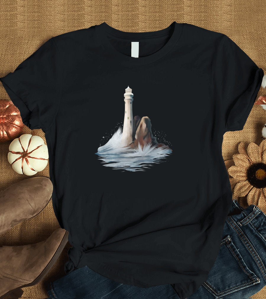 Lighthouse Ocean Rocks Waves Splashing Scene T-Shirt