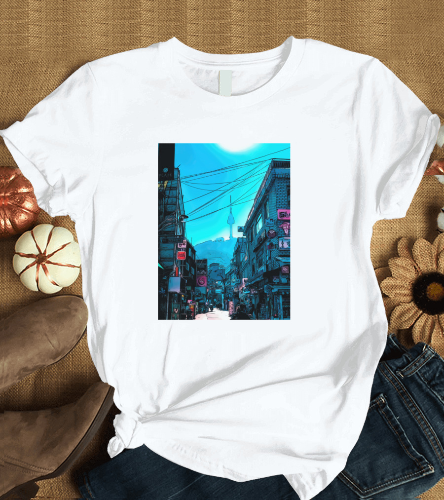 Osaka Urban Street Scene with Tower in Background T-Shirt