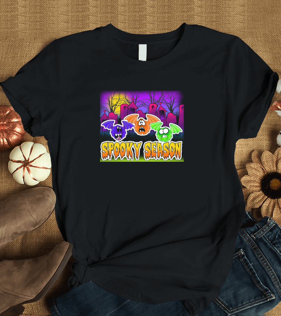Spooky Season Bats in Haunted Graveyard Scene T-Shirt
