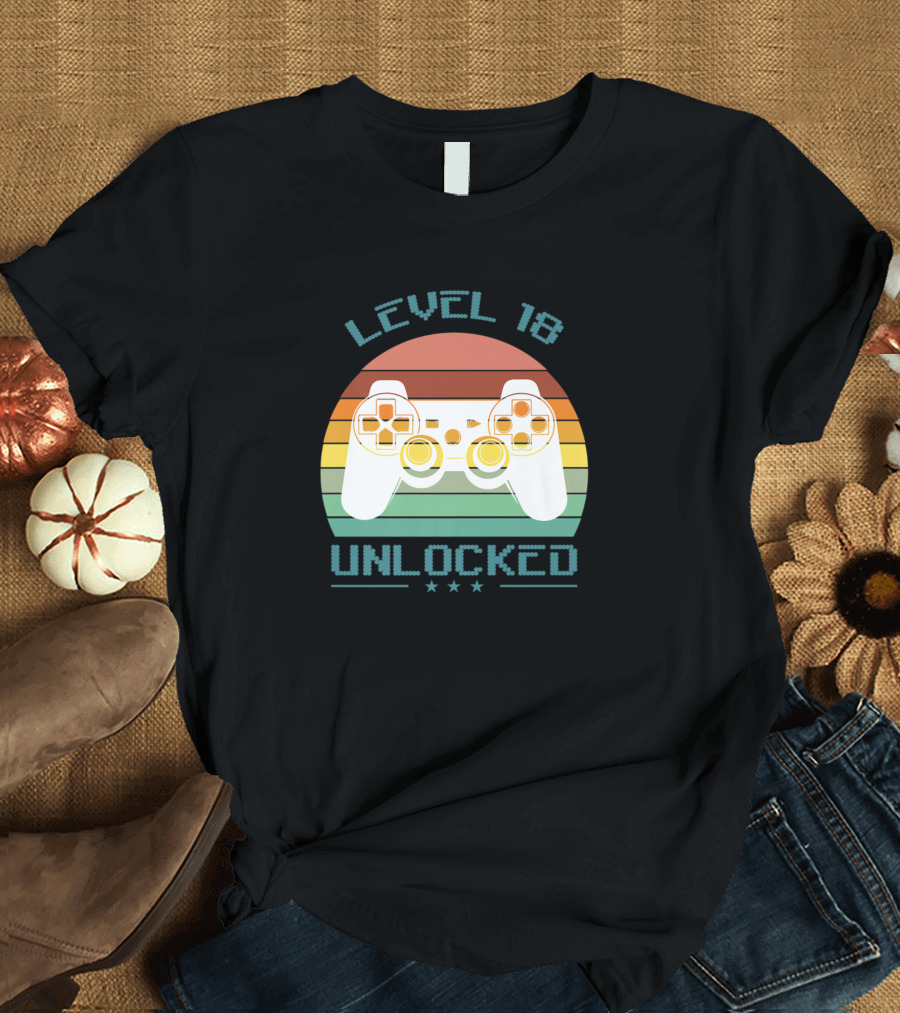 Level 18 Unlocked Video Game Controller Retro Stripes 18 Year Old Birthday T-Shirt
