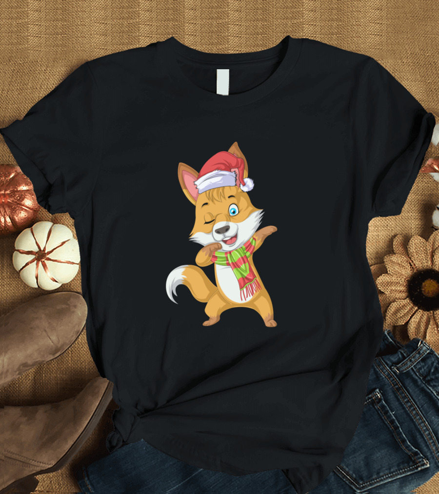 Fox Dabbing Christmas Scarf Santa Hat T-Shirt