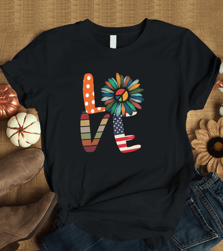 Love ICU Nurse Polka Dot American Flag Peace Flower T-Shirt