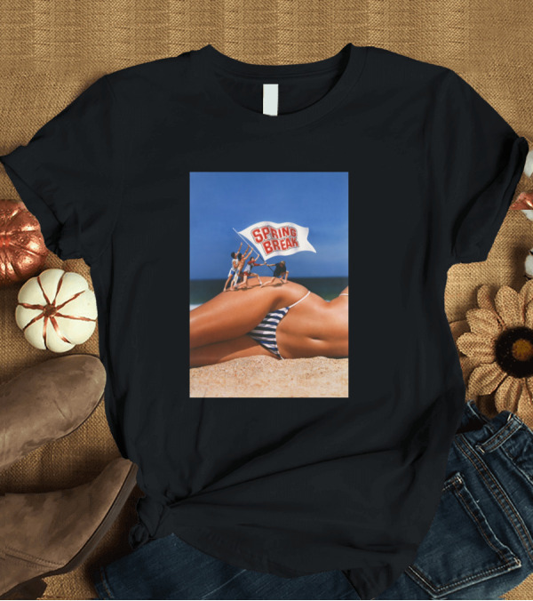 T-Shirt: Spring Break Beach Fun with Striped Bikini and Flag T-Shirt Spring Break Beach Fun with Striped Bikini and Flag T-Shirt
