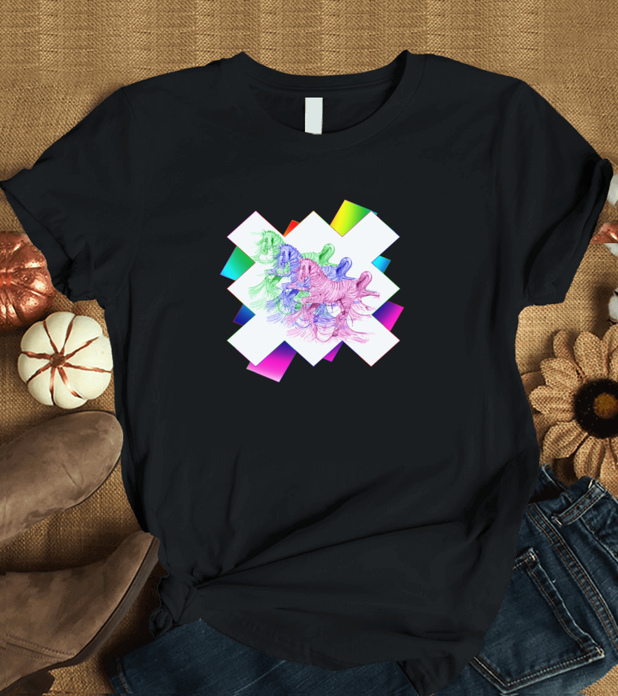 Tricolor Horses Vibrant Geometric Cross T-Shirt