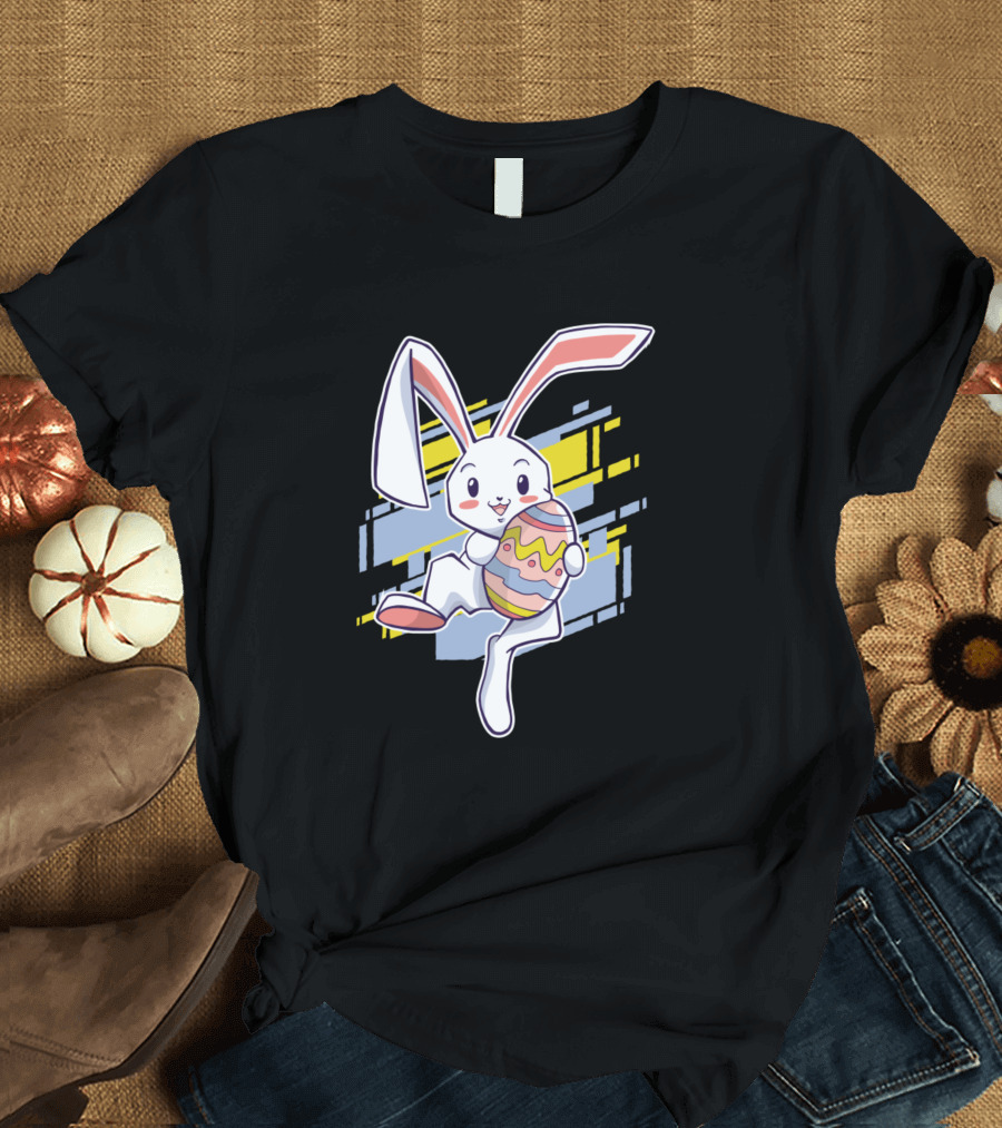 Easter Bunny with Colorful Egg on Retro Background T-Shirt