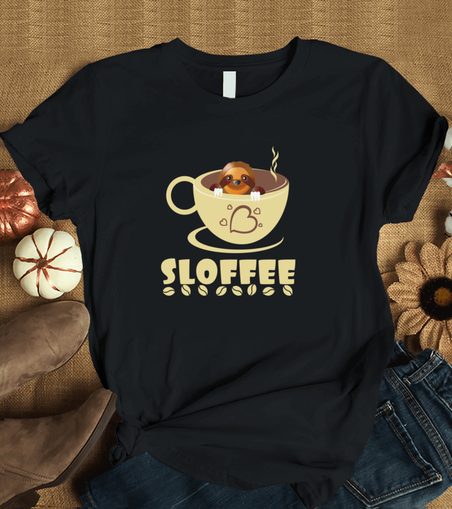 Sloffee Cute Sloth in Coffee Cup with Heart Motif and Coffee Beans T-Shirt