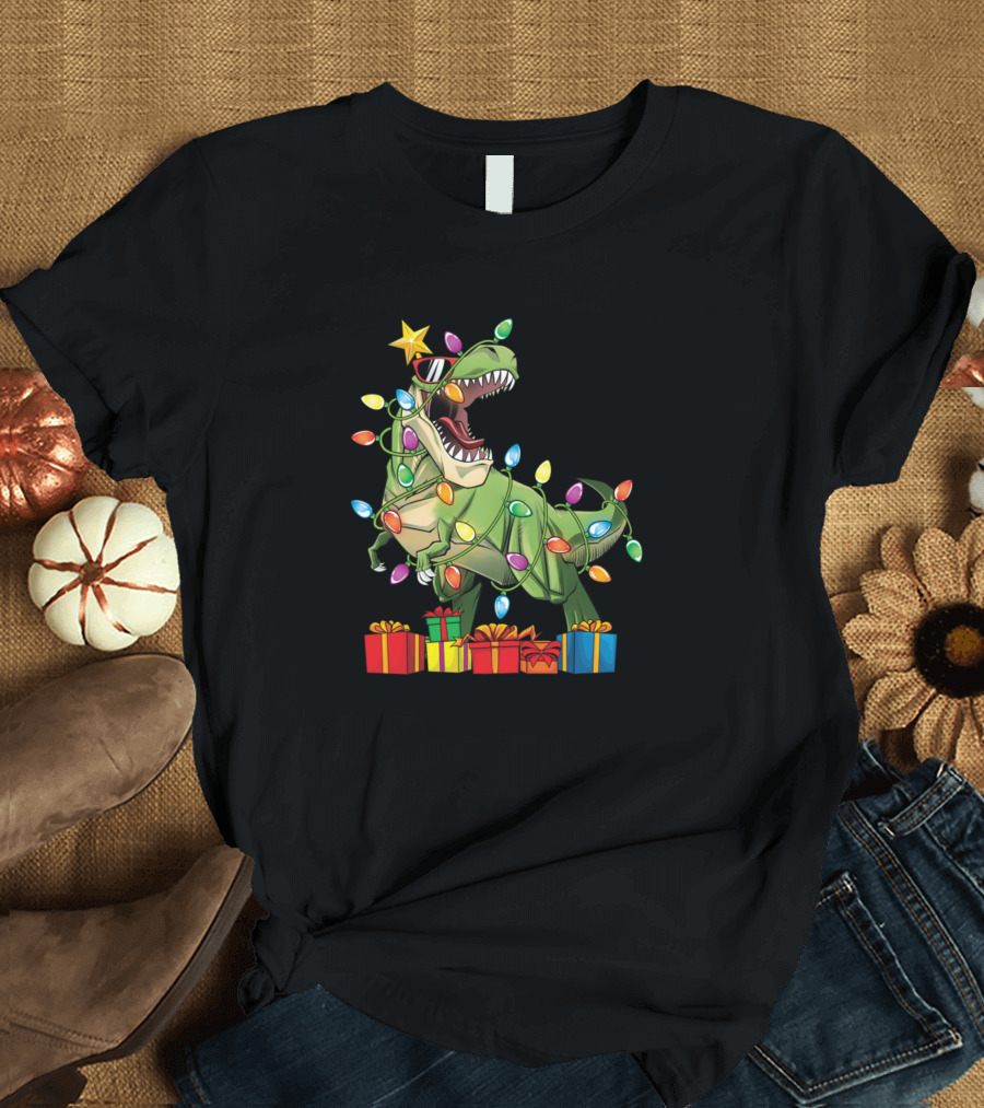 Merry Christmas Dinosaur Wrapped in Holiday Lights with Gifts and Star T-Shirt