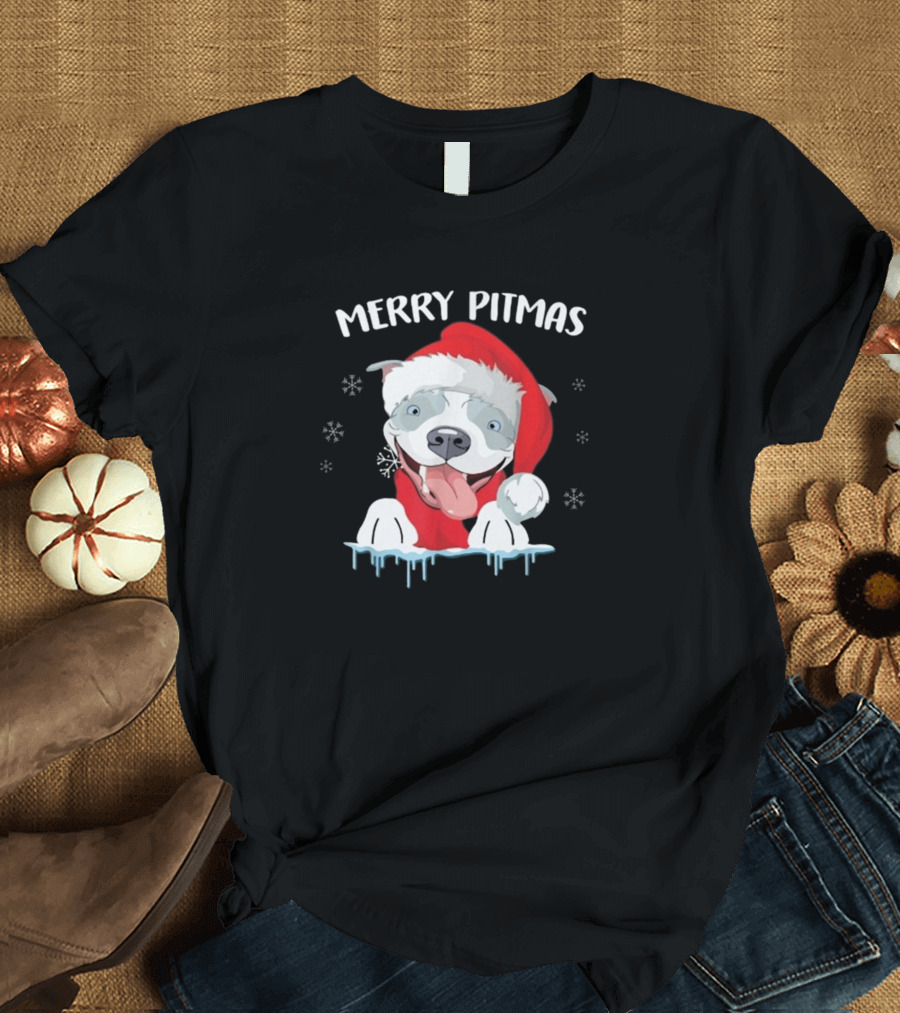 Merry Pitmas Santa Hat Snowflakes Pitbull Holiday Fun T-Shirt