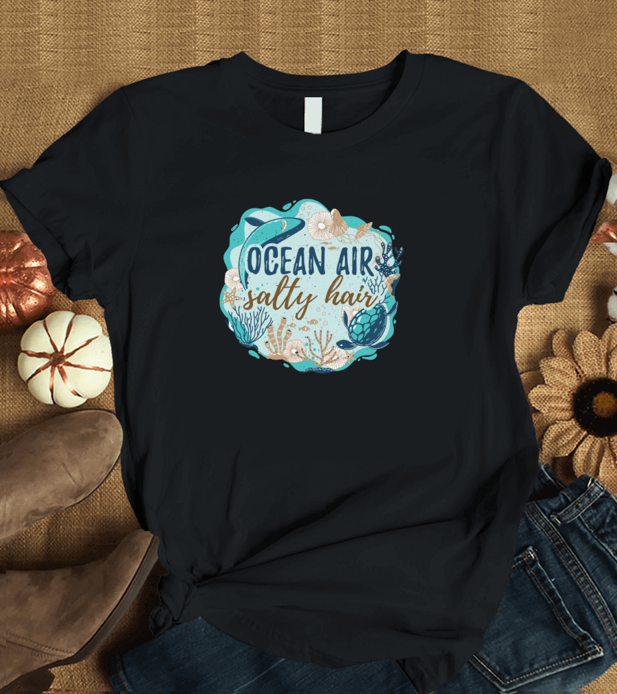 Ocean Air Salty Hair Whale Turtle Seashell Coral Oceanic Vibes T-Shirt
