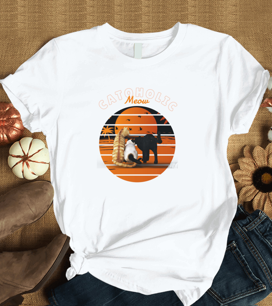 Catoholic Meow Orange Cat Black Cat Sunset T-Shirt
