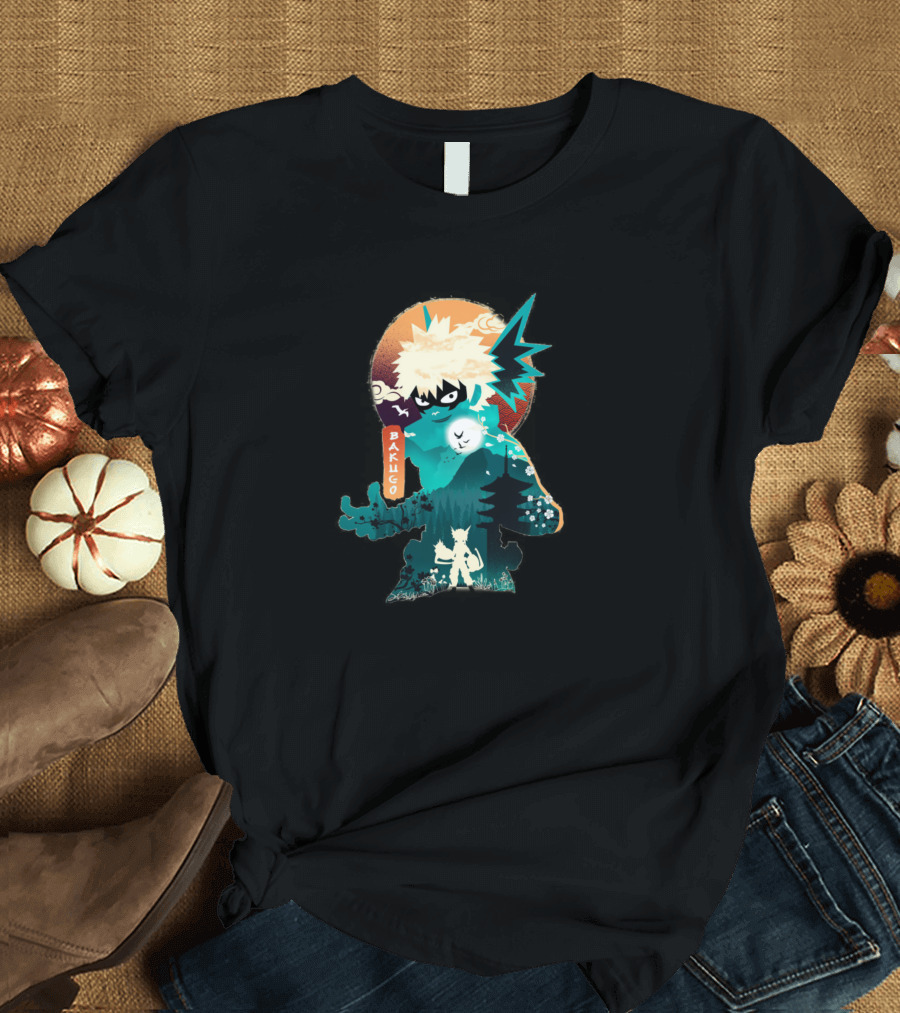 Bakugo Heroic Figure with Explosive Energy and Dynamic Background T-Shirt