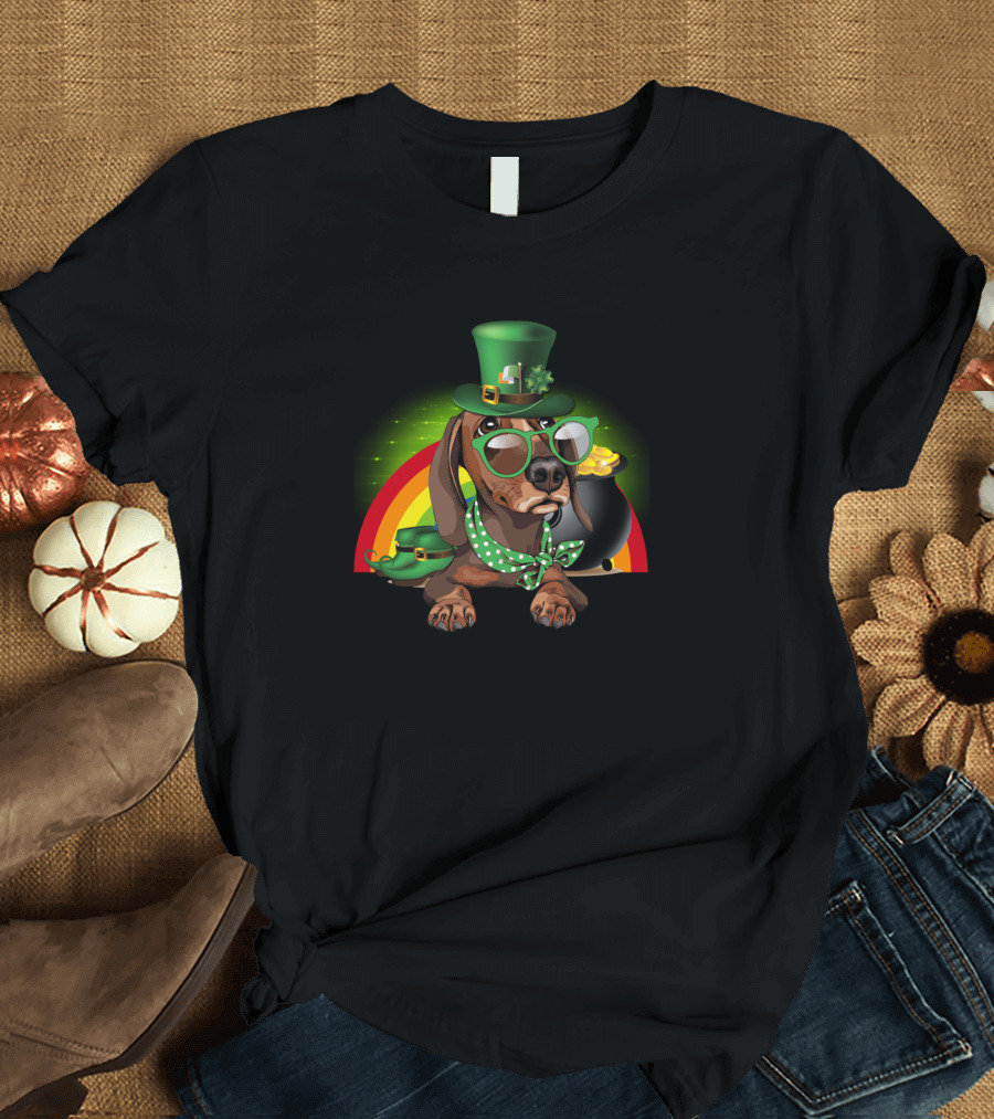St Patricks Day Dachshund Dog with Leprechaun Hat and Rainbow T-Shirt