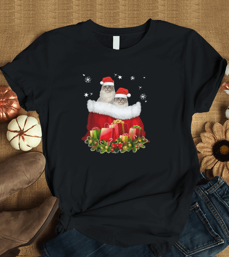 Ragdoll Kittens in Santa Hats with Christmas Gift Bag and Snowflakes T-Shirt